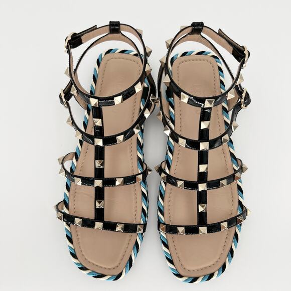 VALENTINO GARAVANI Rockstud Caged Leather Sandals EU 38 US 8 Blue Black Flats - Picture 6 of 11
